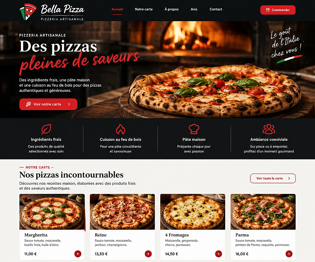 Site web Bella Pizza — Pizzeria artisanale créé par Pixanovax