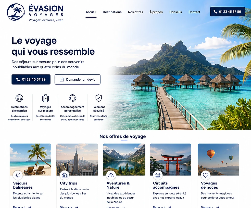 Site web Évasion Voyages — Agence de voyages créé par Pixanovax